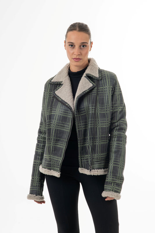9034 - Women's Green Sheepskin Biker Jacket