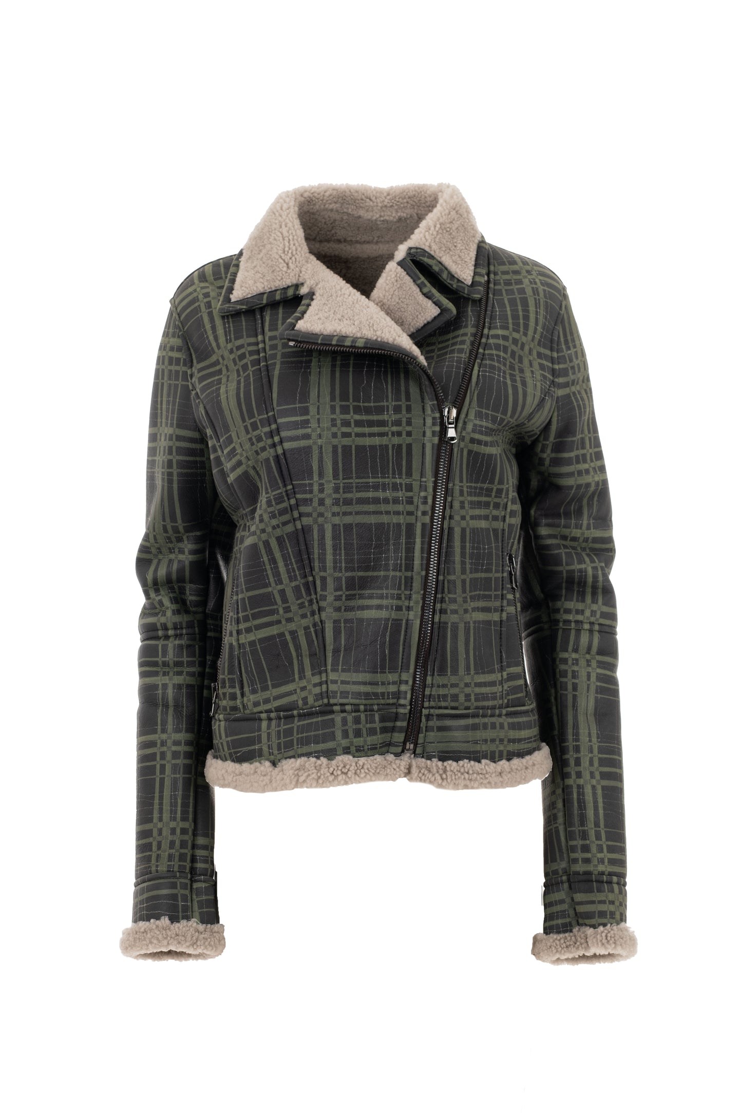 9034 - Women's Green Sheepskin Biker Jacket