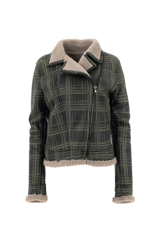 9034 - Women's Green Sheepskin Biker Jacket
