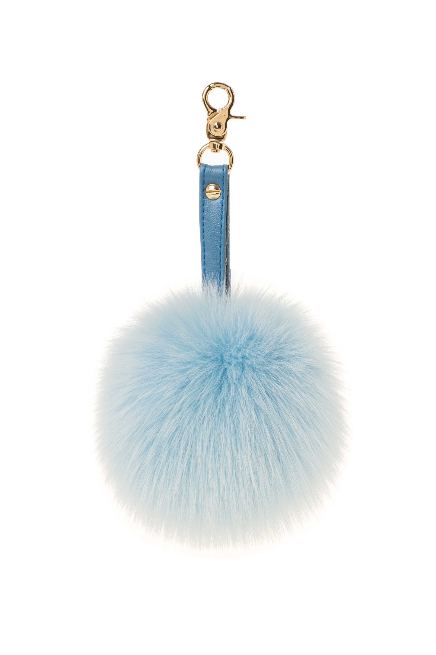 Pale Blue FOX FUR Pompom Keychain with Genuine Leather Strap