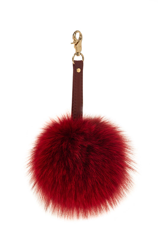 Burgundy Fox Fur Keychain Keyring pompom with genuine leather strap