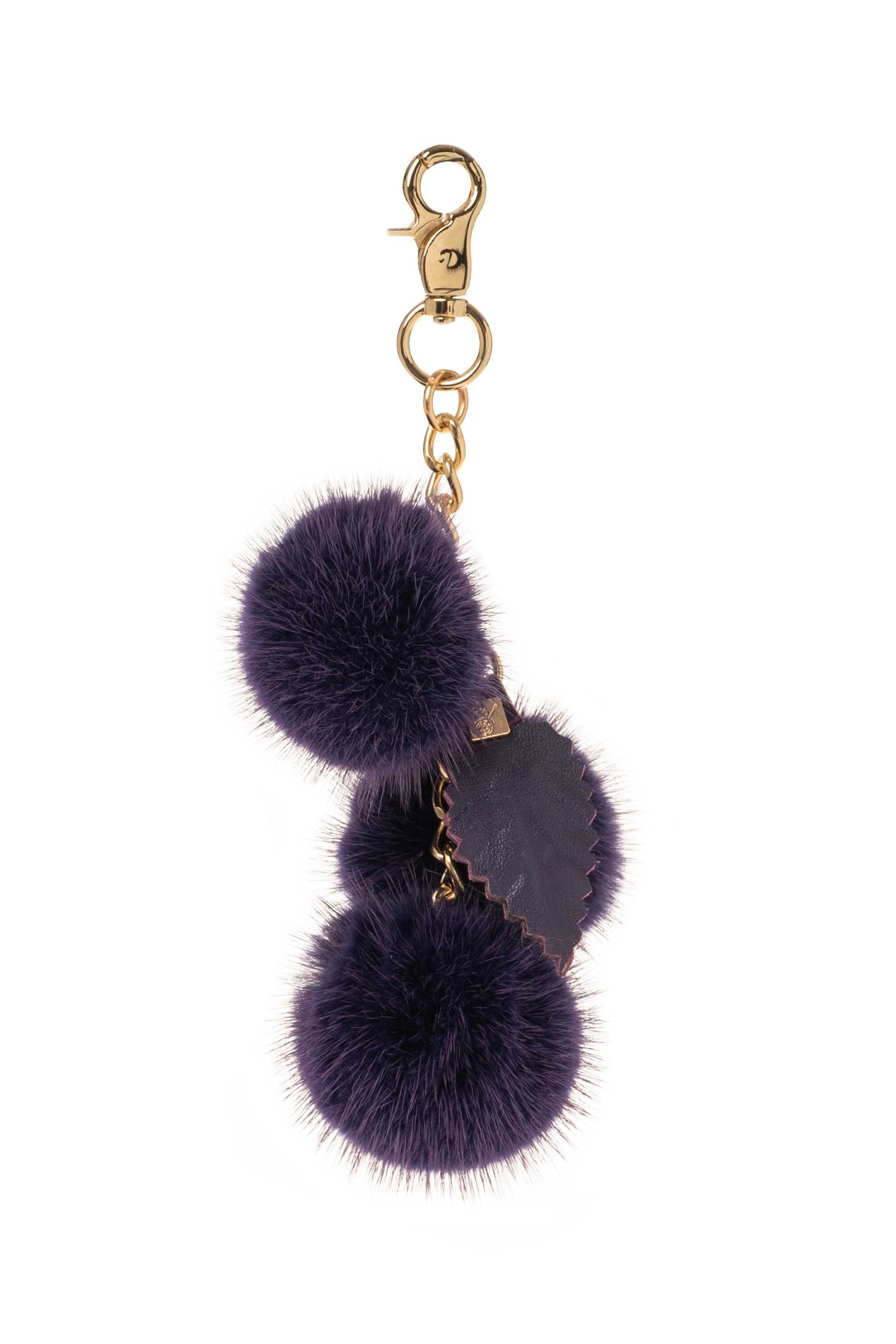 Mink pompom Bag Charm with Chain and Real leather Leaf.