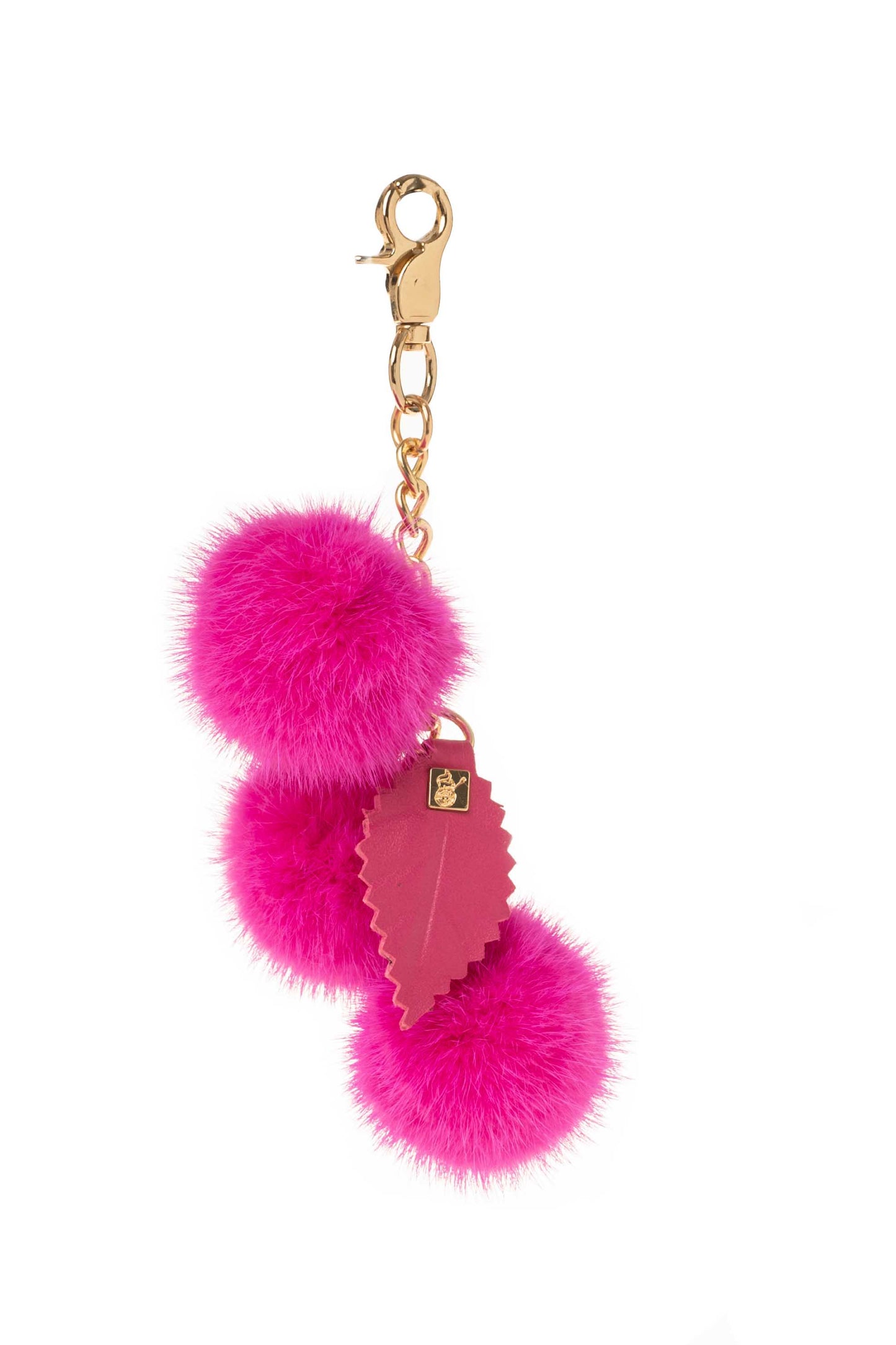 Mink pompom Bag Charm with Chain and Real leather Leaf.