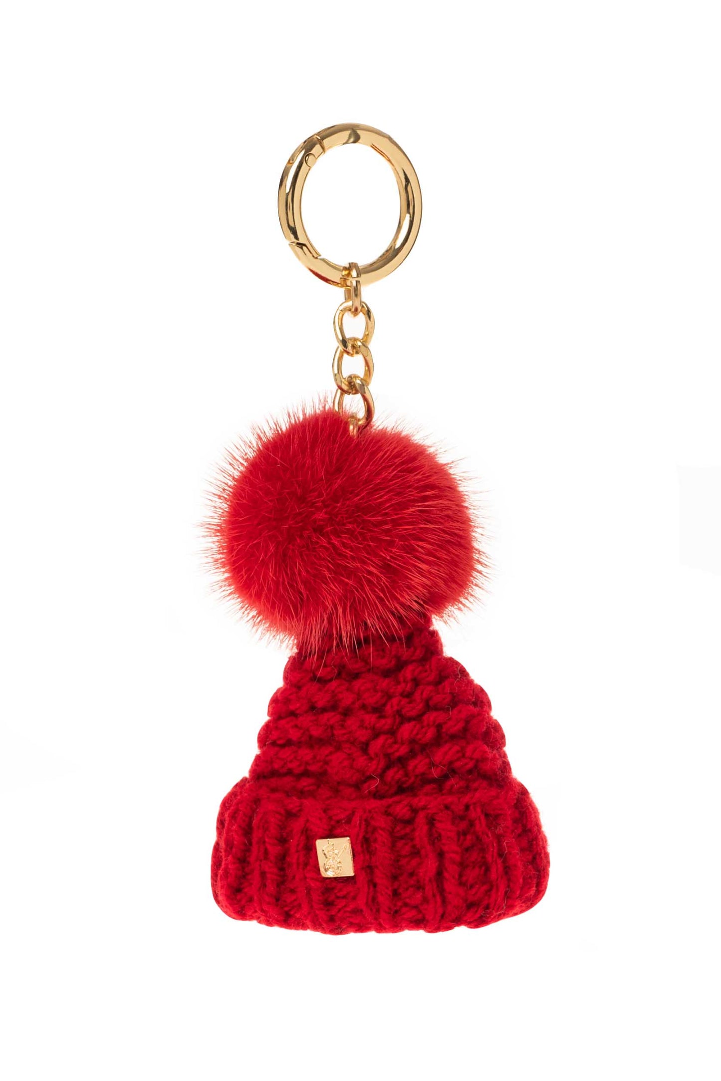 Knit  hat with fur pompom  keyring,  small beanie with  mink pompom bag charm