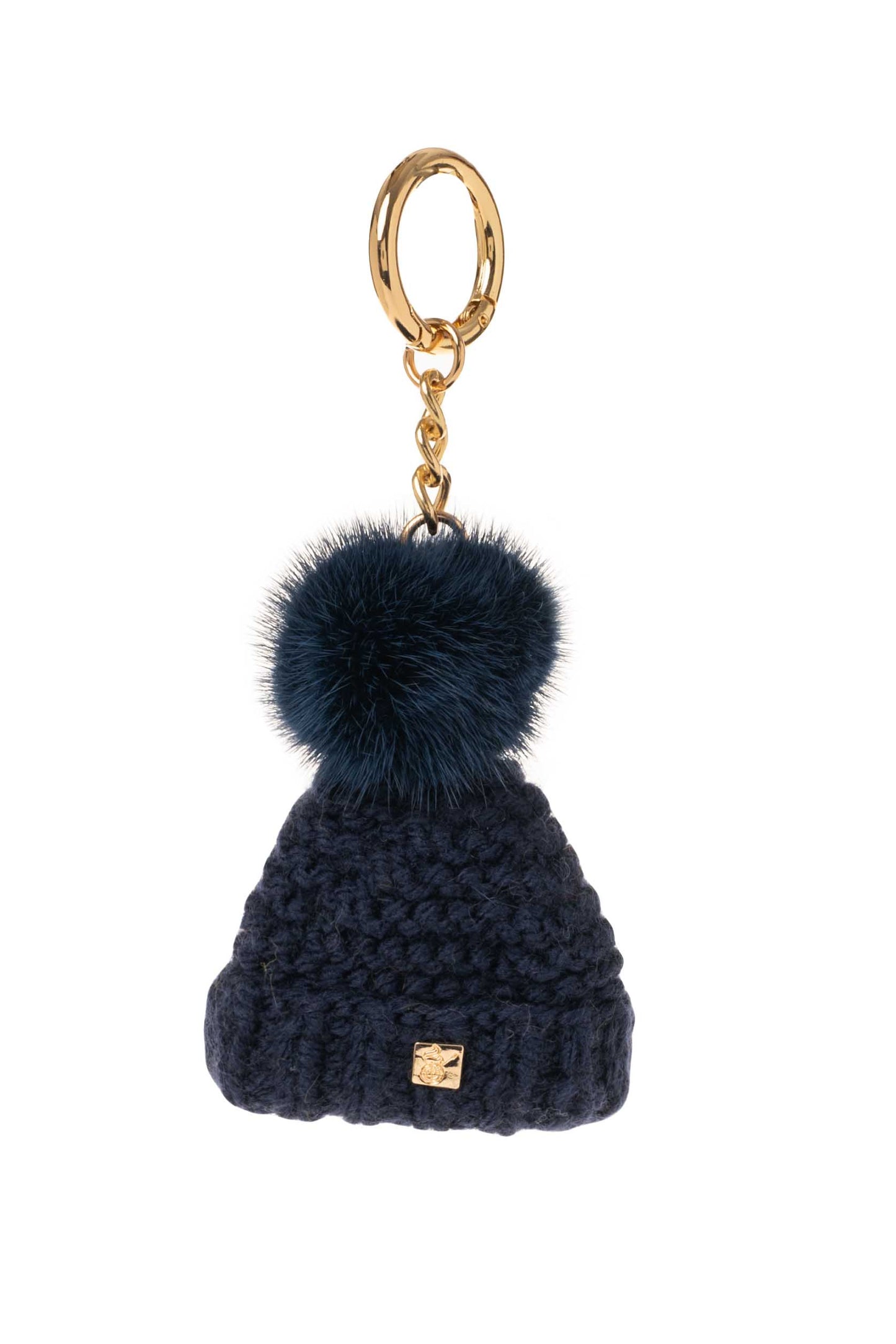 Knit  hat with fur pompom  keyring,  small beanie with  mink pompom bag charm