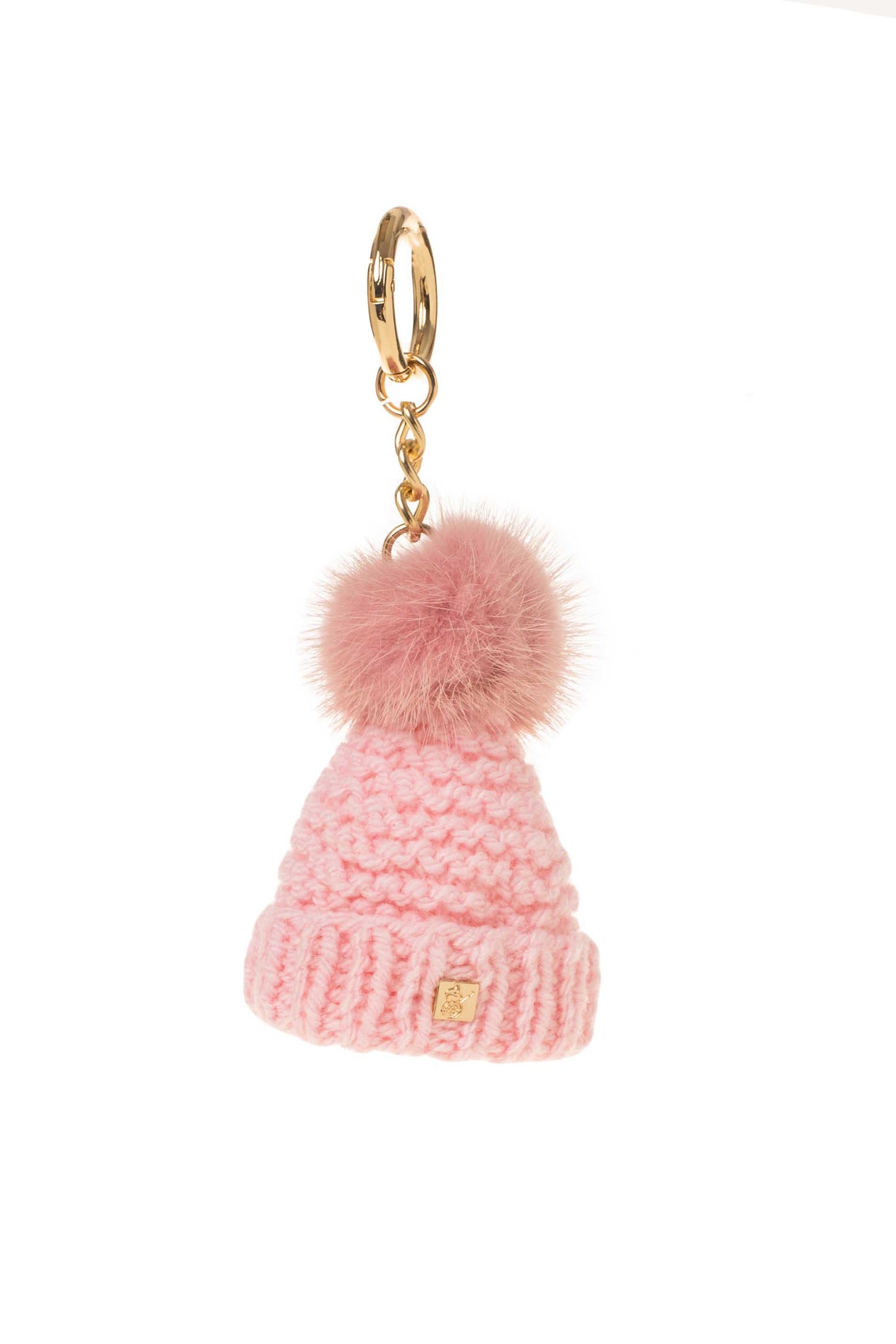 Knit  hat with fur pompom  keyring,  small beanie with  mink pompom bag charm