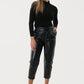 Handmade women’s high-waisted cropped leather trousers, Greek nappa lamb leather, regular fit, leather belt, front view