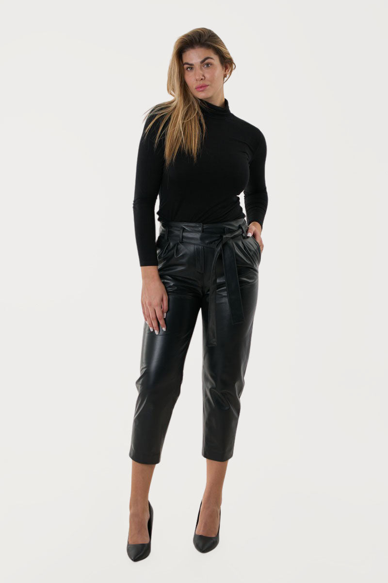 Handmade women’s high-waisted cropped leather trousers, Greek nappa lamb leather, regular fit, leather belt, front view