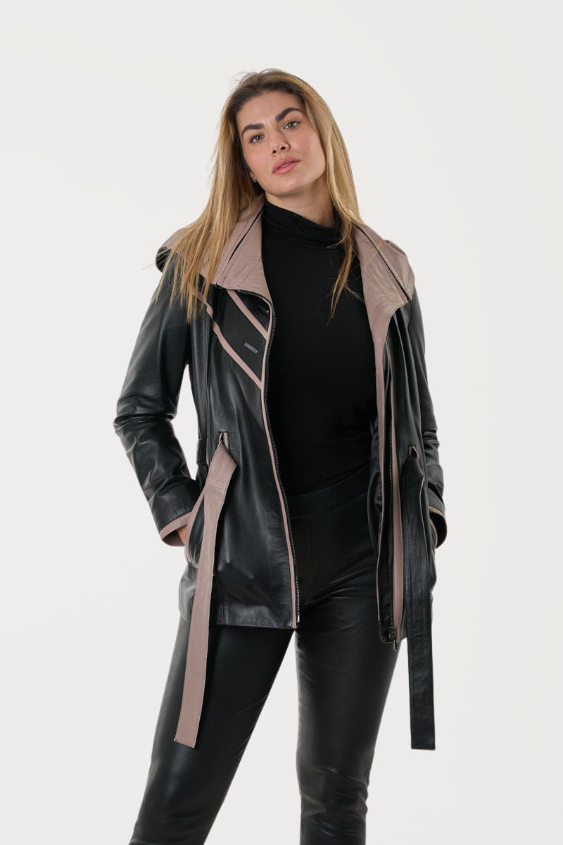 Women's Leather Trench jacket  with hood