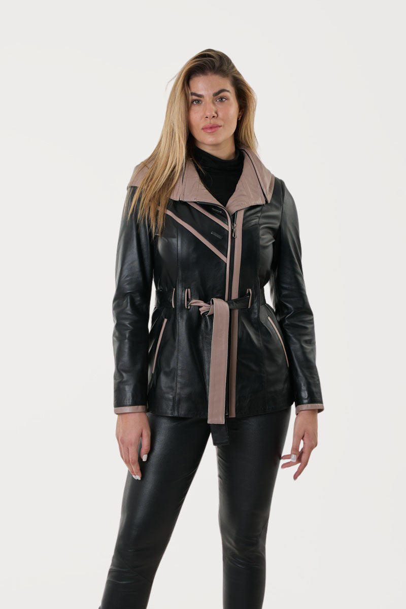 Women's Leather Trench jacket  with hood