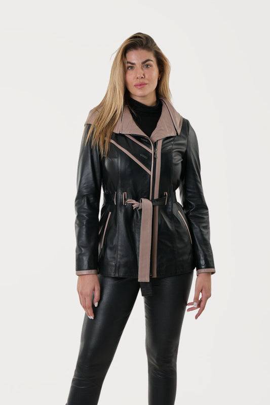 Women's Leather Trench jacket  with hood