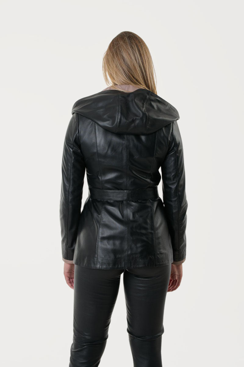 Women's Leather Trench jacket  with hood