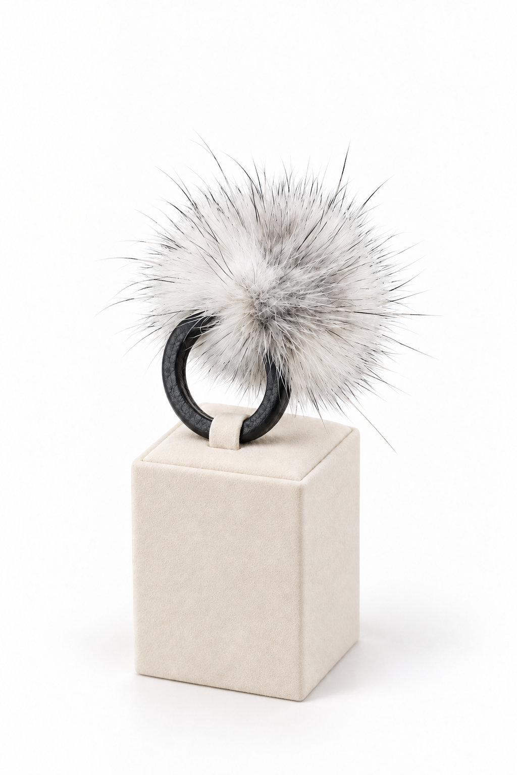 Black furry ring, Mink pompom ring, Mink finger ring with genuine leather. (Copy)
