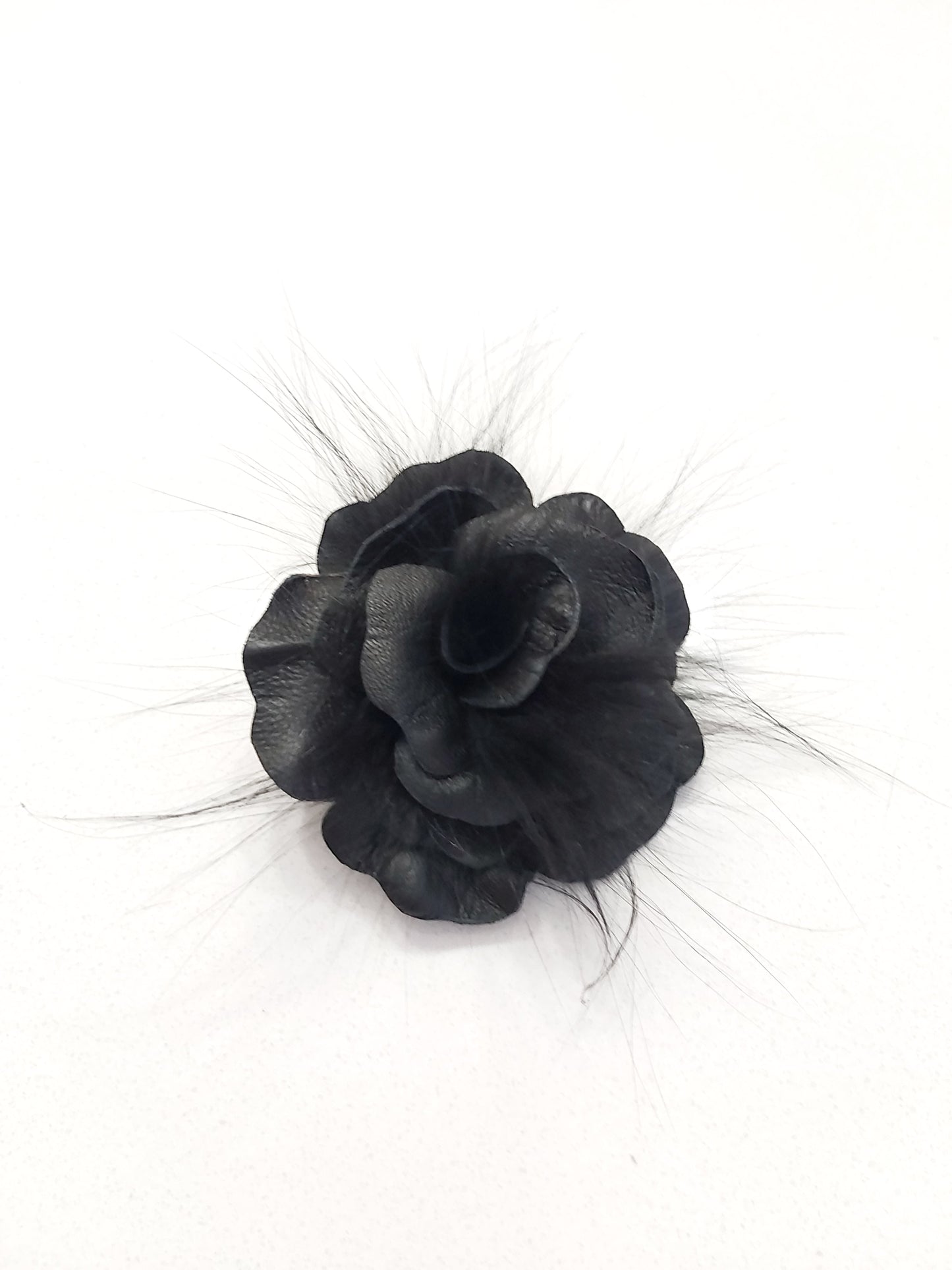 HANDMADE Black leather and fur FLOWER PIN. Flower brooch.