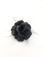 HANDMADE Black leather and fur FLOWER PIN. Flower brooch.