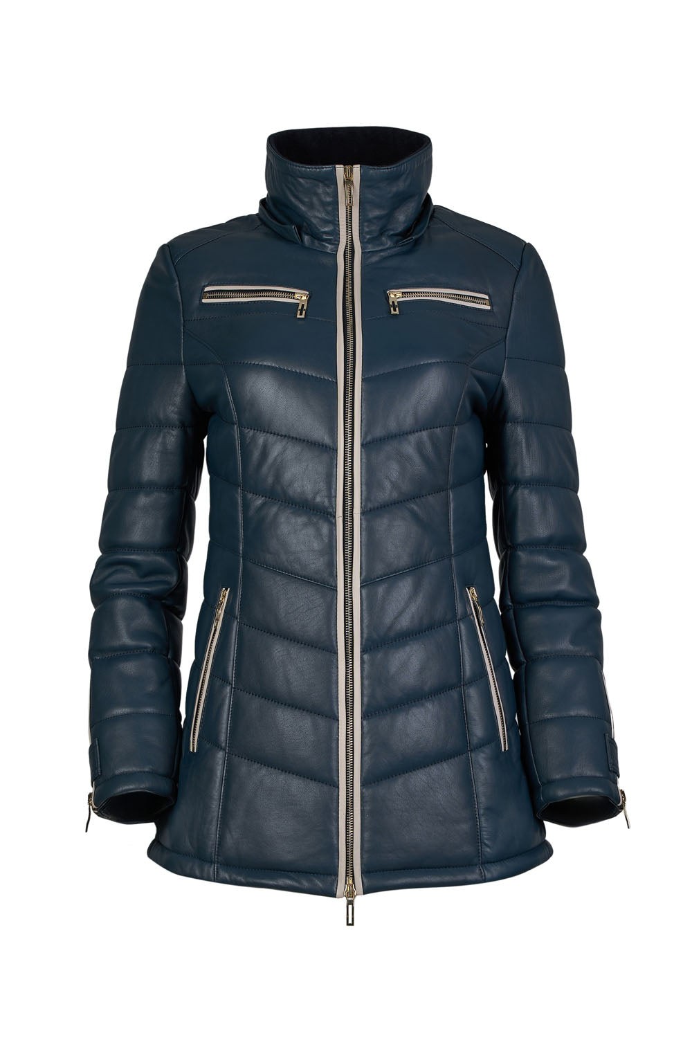 Women's Blue Leather Puffed Jacket with Removable Hood