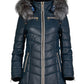 Women's Blue Leather Puffed Jacket with Removable Hood