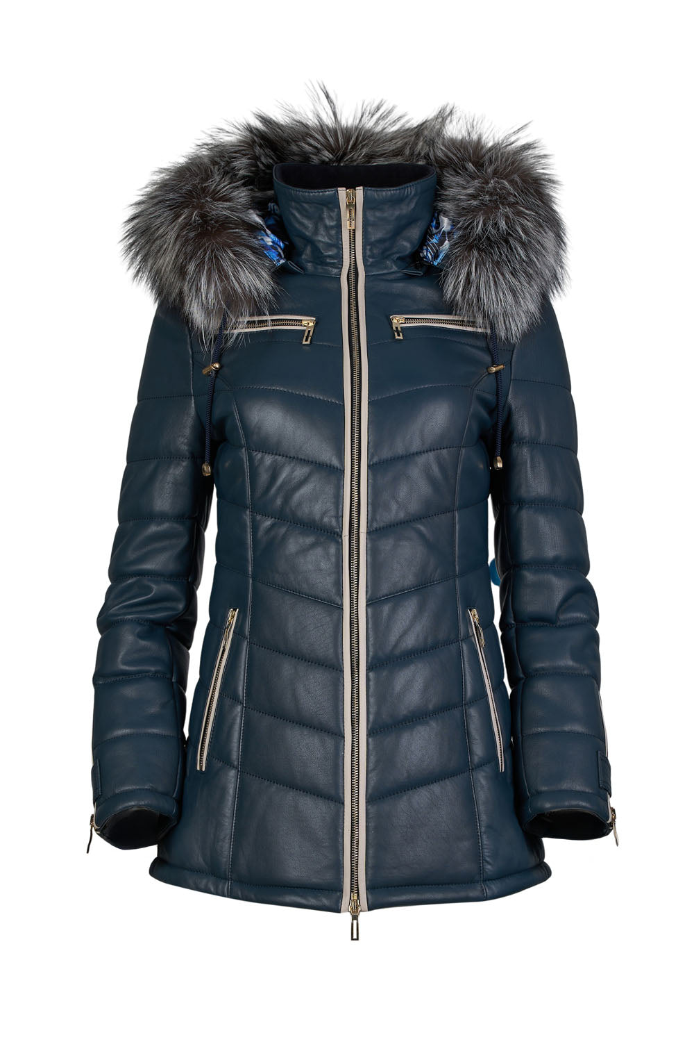 Women's Blue Leather Puffed Jacket with Removable Hood