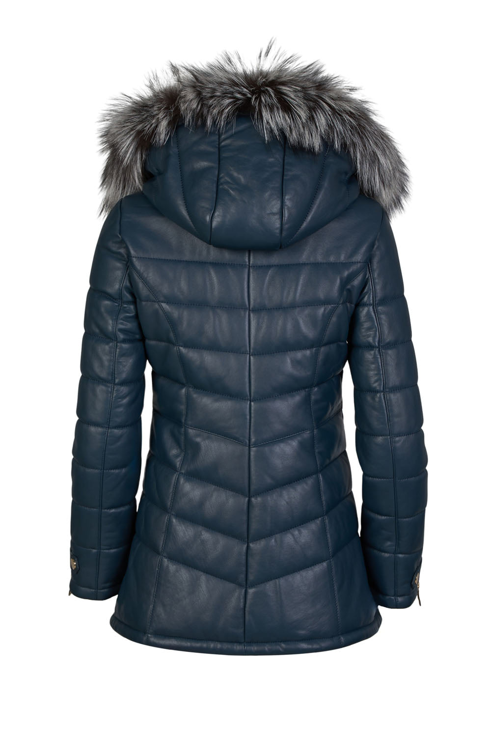 Women's Blue Leather Puffed Jacket with Removable Hood