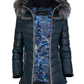 Women's Blue Leather Puffed Jacket with Removable Hood