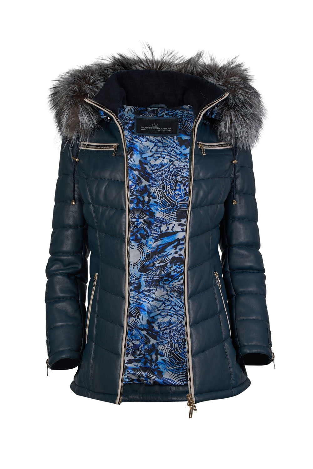 Women's Blue Leather Puffed Jacket with Removable Hood