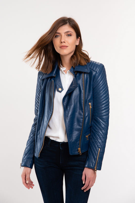 DAISY - Γυναικείο Μπλε Biker Δερμάτινο με αποσπώμενο γιακά
