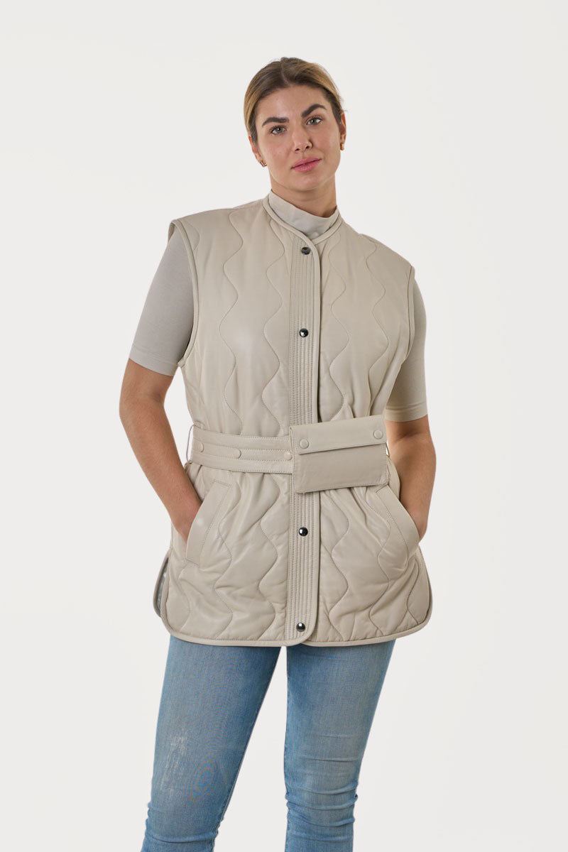 BODIL - Γυναικείο Εκρού Δερμάτινο Γιλέκο με Δερμάτινο Πορτοφόλι