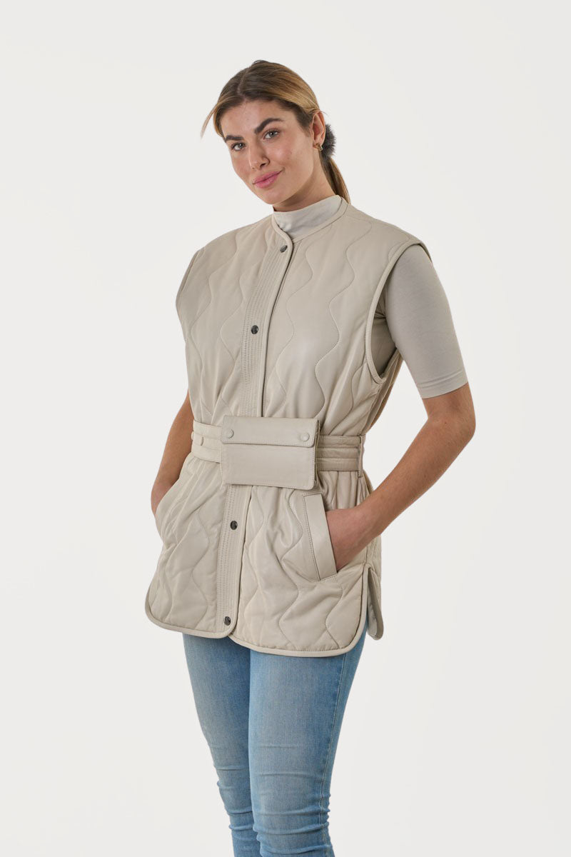 BODIL - Γυναικείο Εκρού Δερμάτινο Γιλέκο με Δερμάτινο Πορτοφόλι