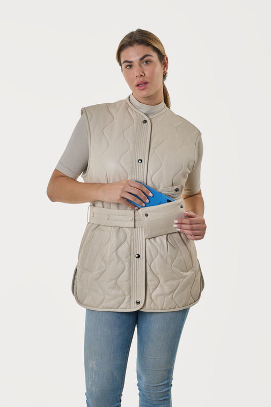 BODIL - Women's Ivory Leather Vest with Wallet