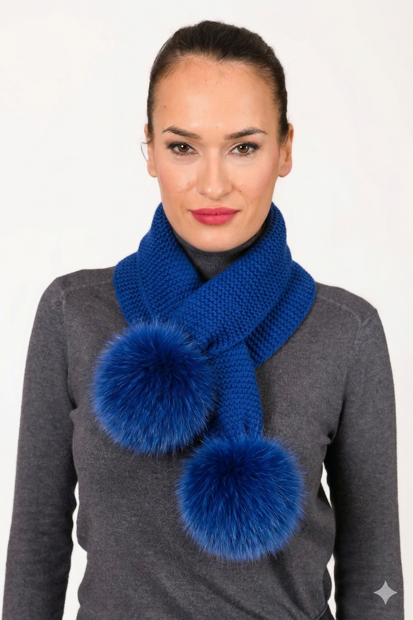 CAMEL  HAND KNIT scarf with fur pompoms. Handmade knitting with  fox pompoms