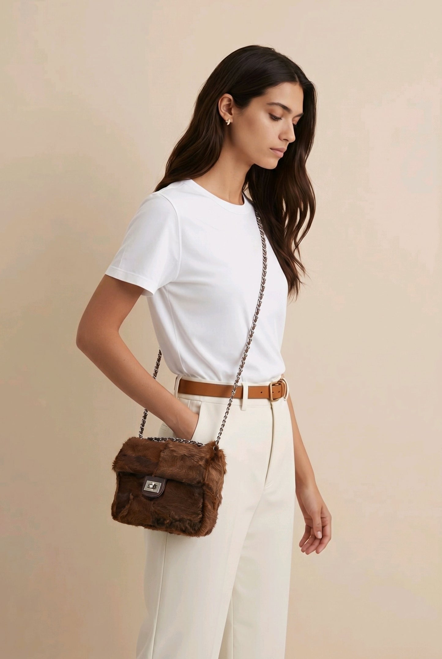 Brown Astrakan Fur Crossbody &amp; Clutch Bag with Chain Strap