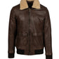 Howard B men’s brown leather jacket, aviator style, removable beige sheepskin collar, front view