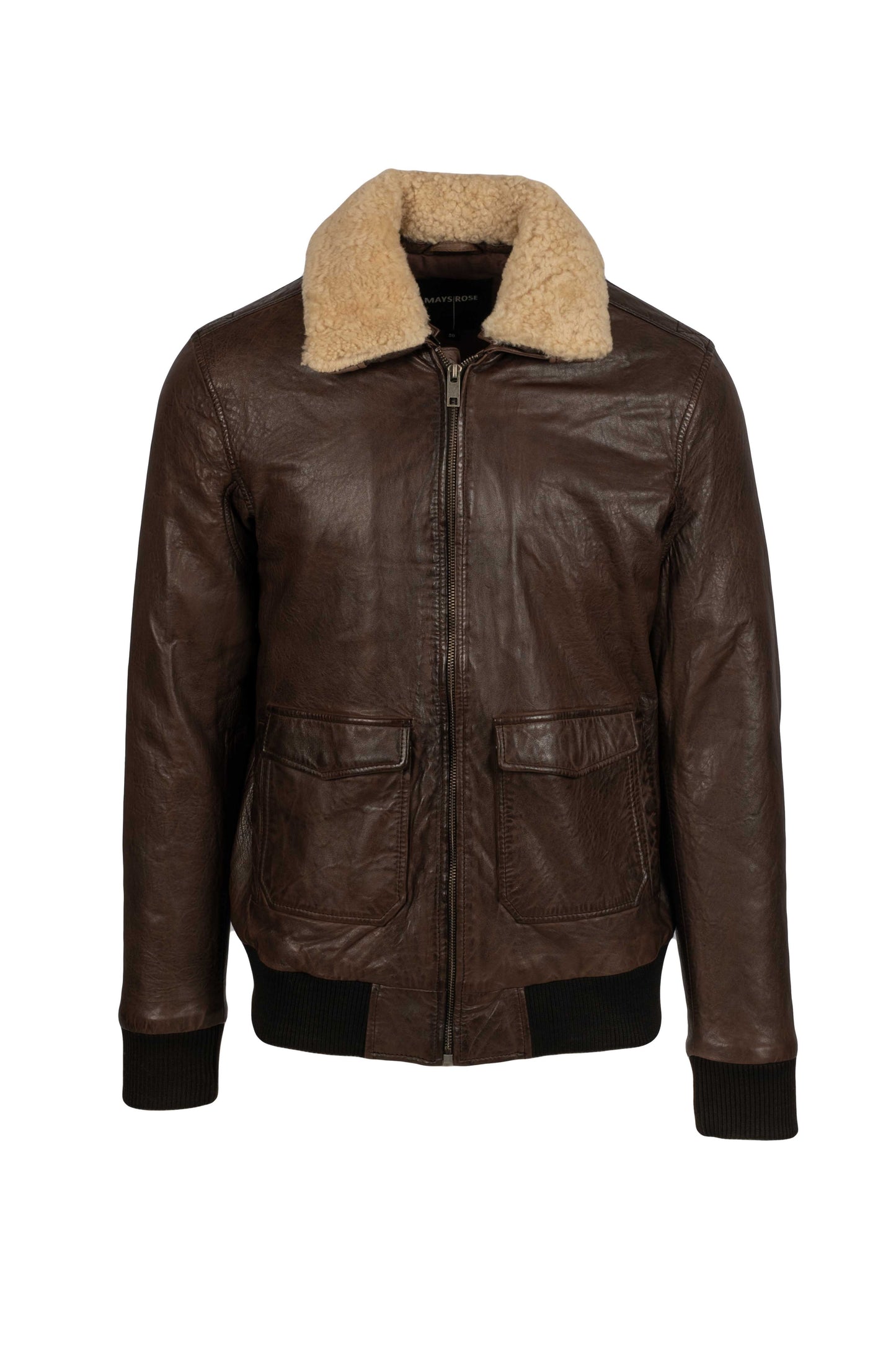 Howard B men’s brown leather jacket, aviator style, removable beige sheepskin collar, front view