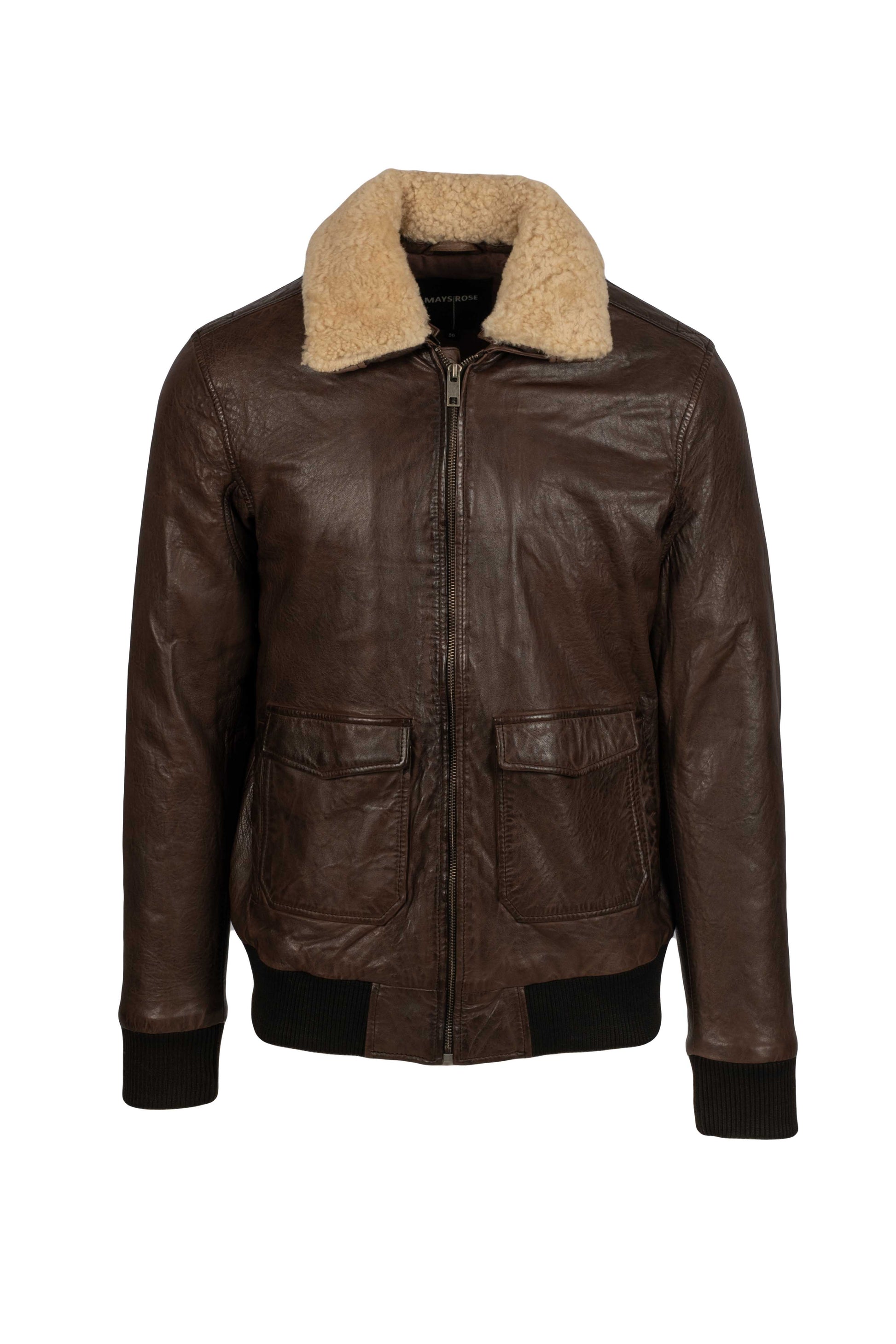 Howard B men’s brown leather jacket, aviator style, removable beige sheepskin collar, front view
