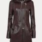 Women’s  burgundy long leather jacket with hood, slim fit, off-center zip closure, nappa lamb leather, front view