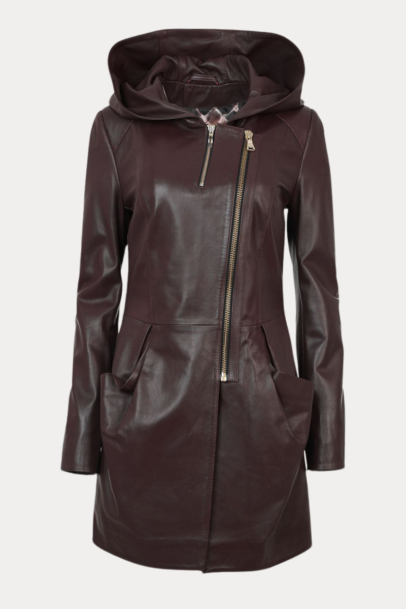 Women’s  burgundy long leather jacket with hood, slim fit, off-center zip closure, nappa lamb leather, front view