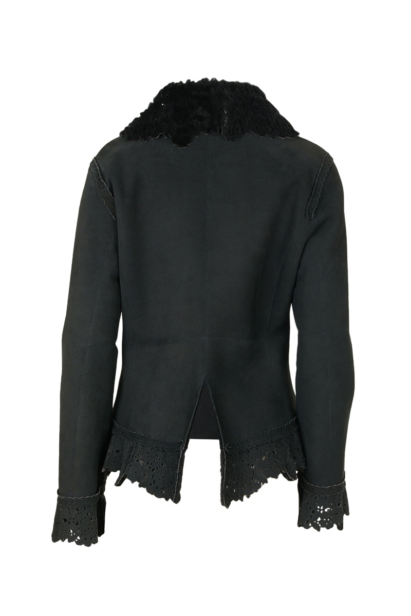 Women's Black Sheepskin Jacket with Lazer Cut Pattern