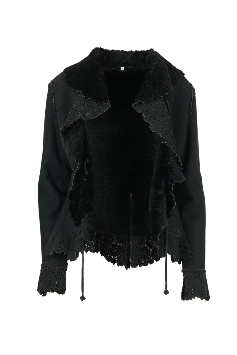 Women's Black Sheepskin Jacket with Lazer Cut Pattern