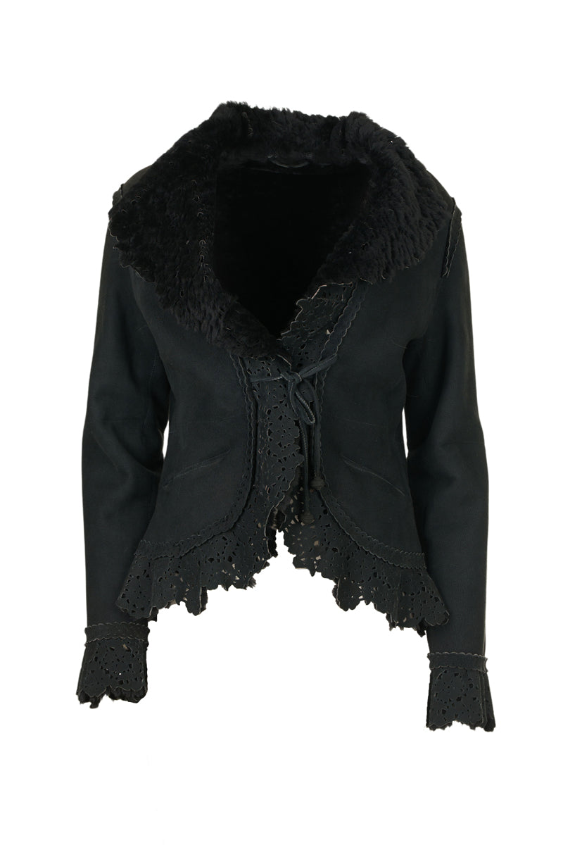 Women's Black Sheepskin Jacket with Lazer Cut Pattern
