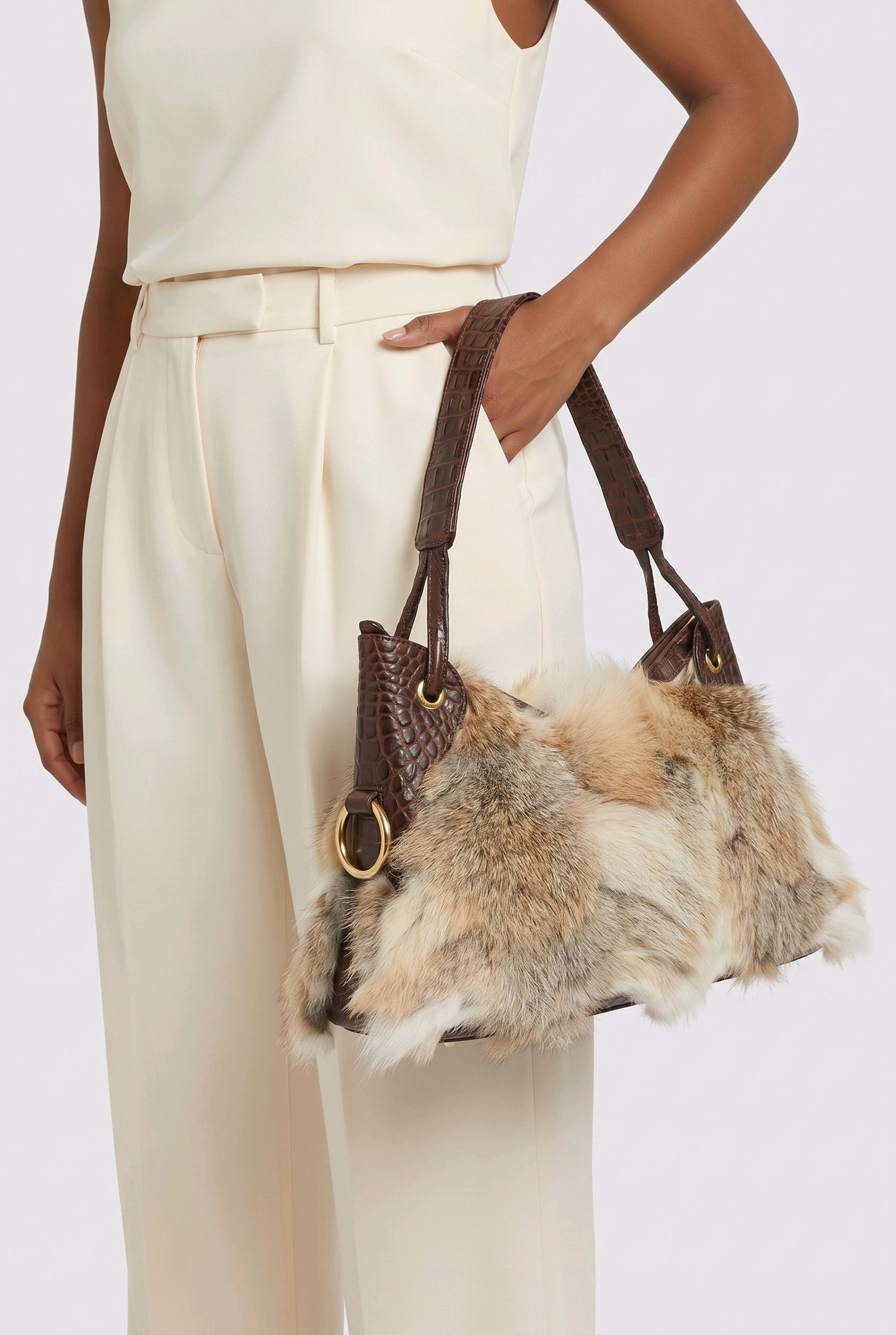 Brown Fur & Leather Bag, Handmade Shoulder Bag