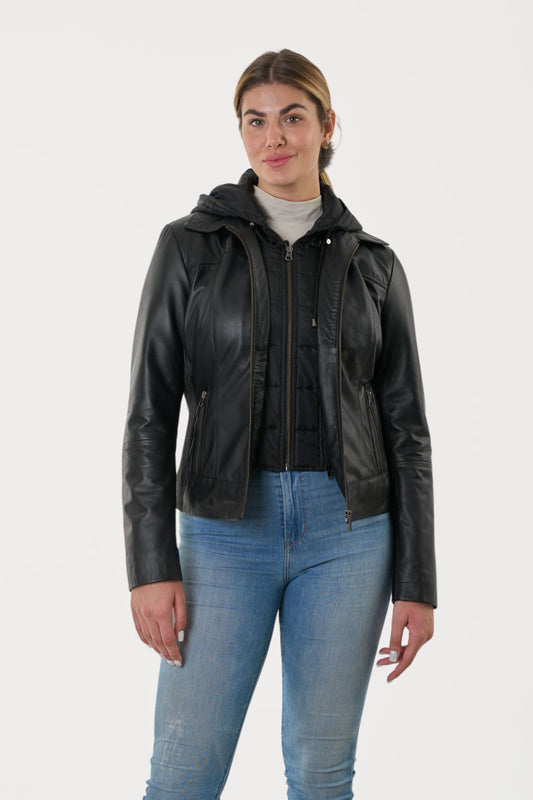 GUY LAROCHE - Women's Leather Jacket with Removable hood.