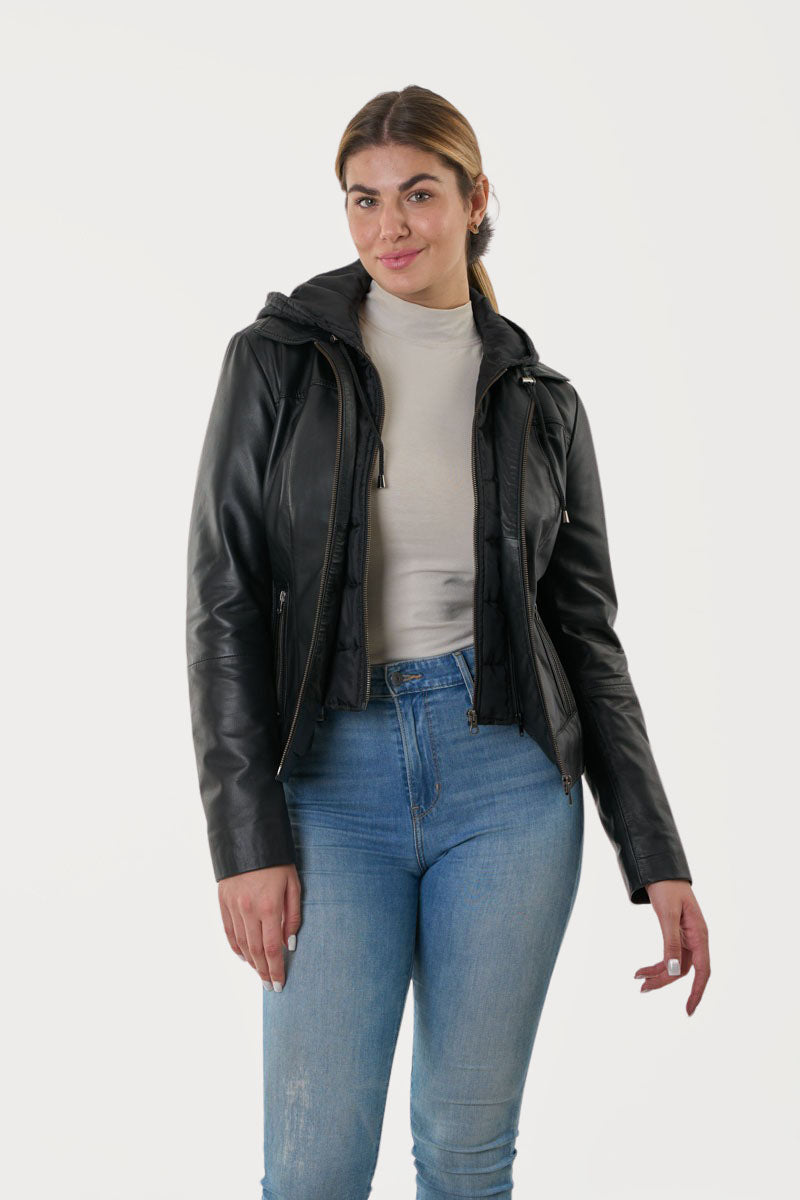 GUY LAROCHE – Γυναικείο Δερμάτινο Μπουφάν Με Αποσπώμενη Κουκούλα