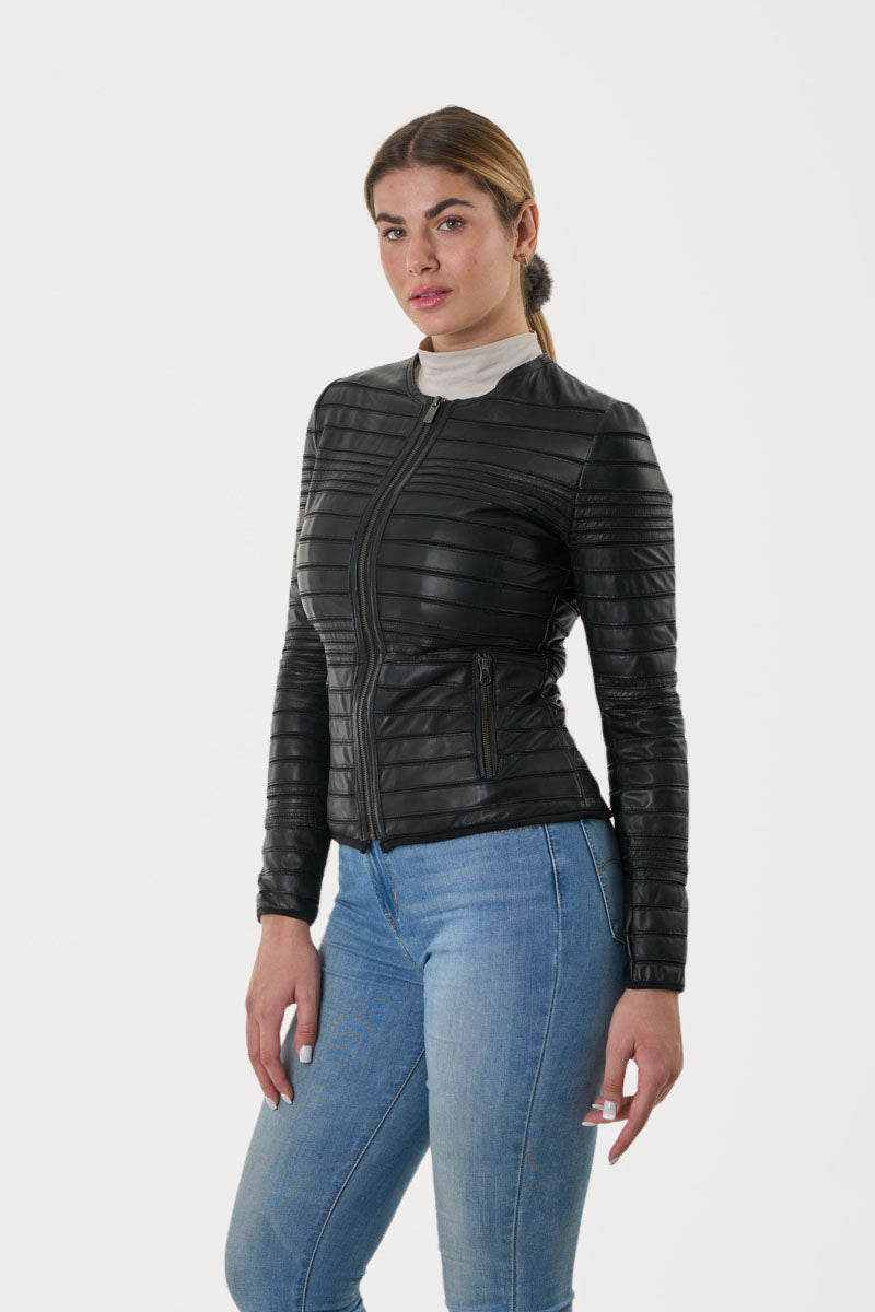 GUY LAROCHE – Γυναικείο Δερμάτινο Μπουφάν με Στρογγυλό γιακά