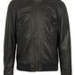 Men’s black leather bomber jacket, regular fit, lightweight, rib knit cuffs and hem, front view