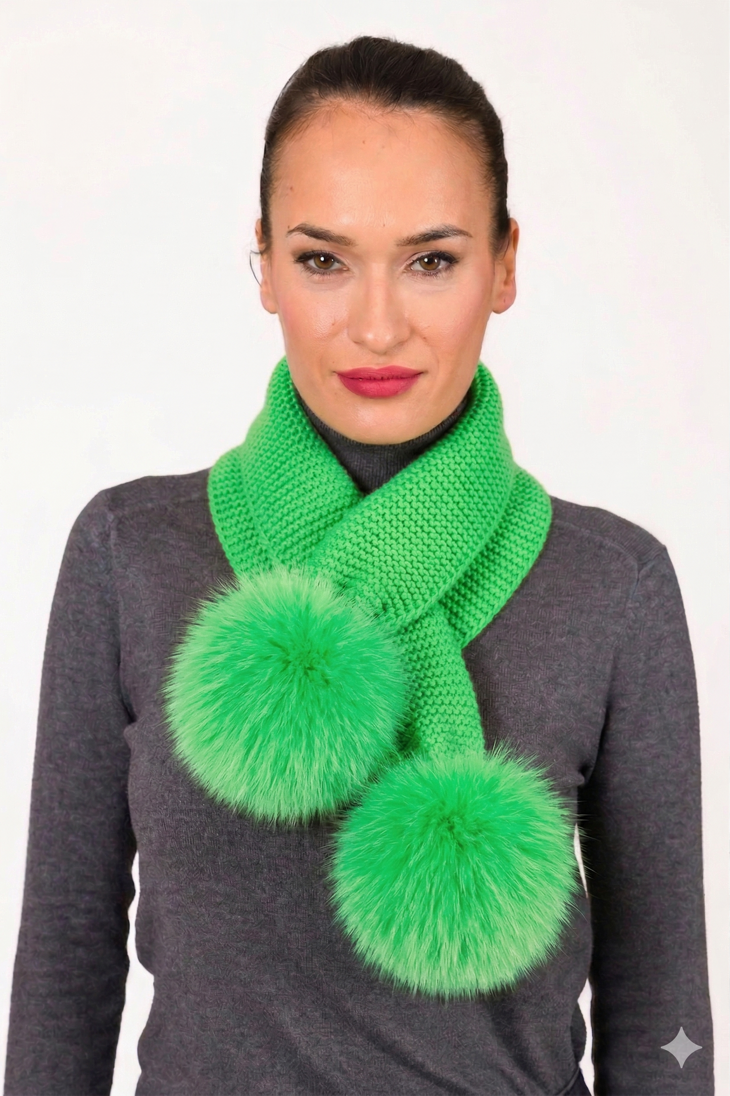 CAMEL  HAND KNIT scarf with fur pompoms. Handmade knitting with  fox pompoms