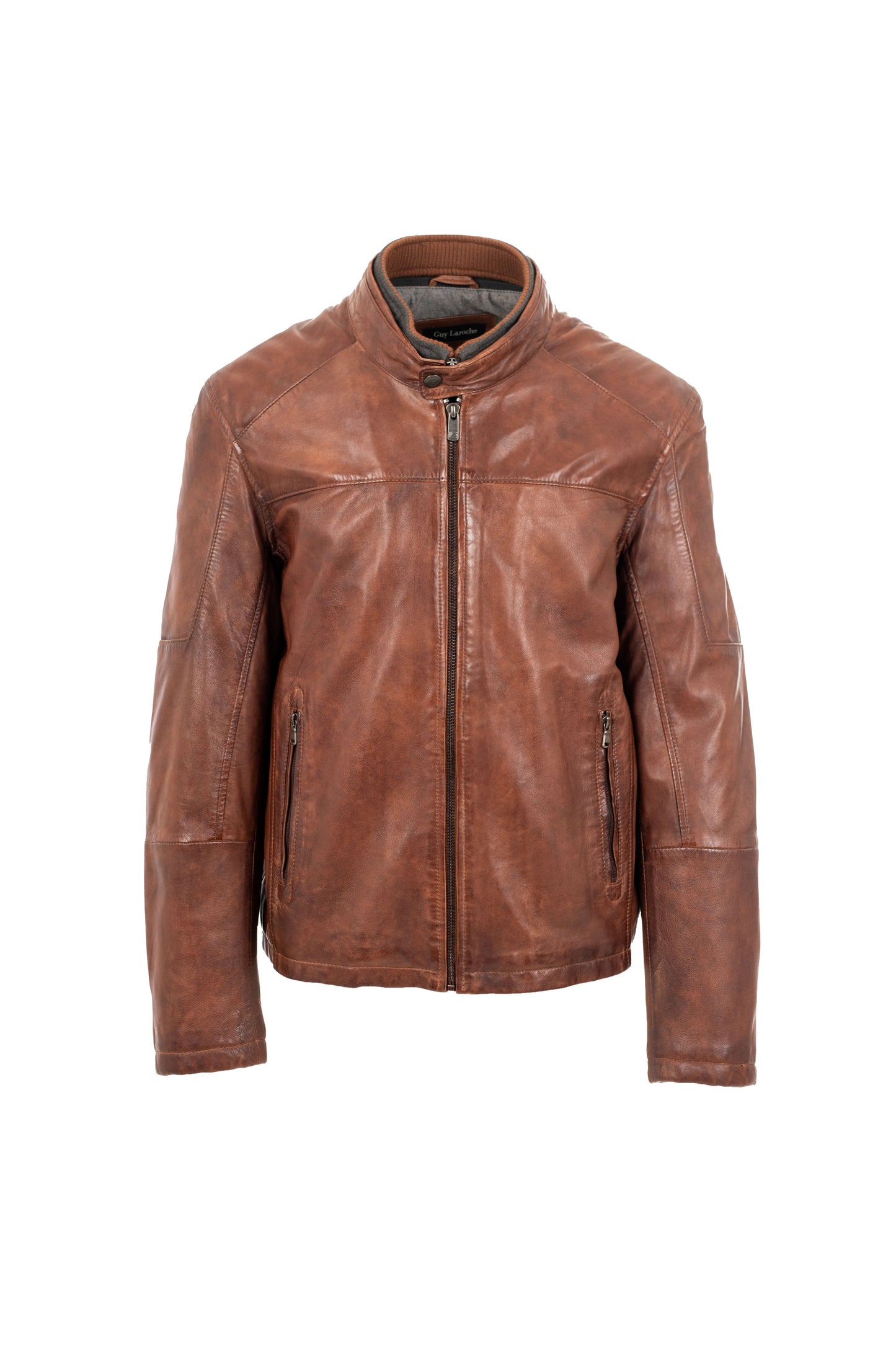 Guy Laroche men’s antique brown leather jacket, regual fit, front view