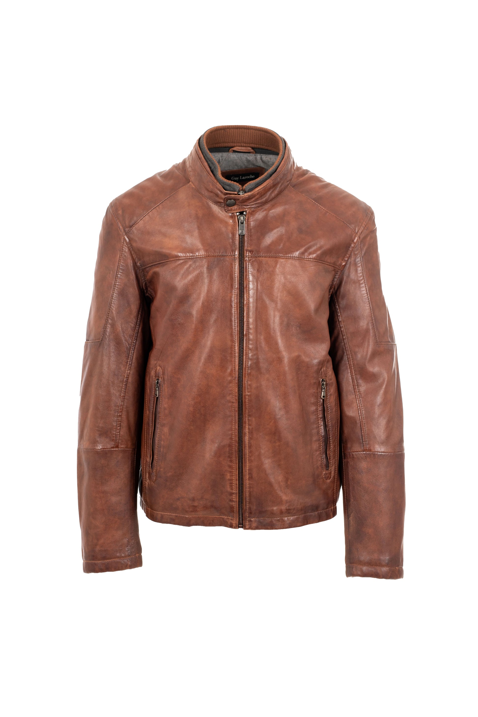 Guy Laroche men’s antique brown leather jacket, regual fit, front view