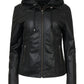 Guy Laroche-619-women’s black leather bomber jacket, slim fit, removable waterproof hood, shirt collar, quilted side panels, front view