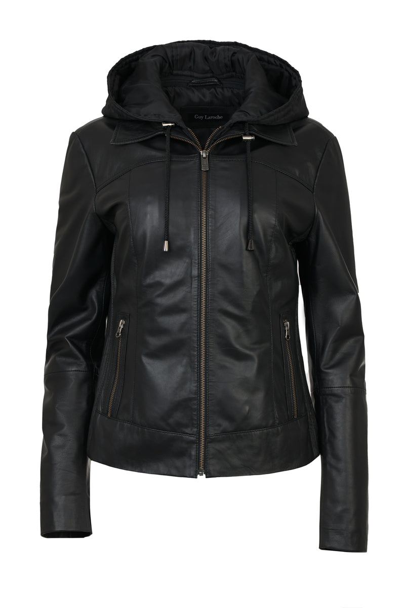 Guy Laroche-619-women’s black leather bomber jacket, slim fit, removable waterproof hood, shirt collar, quilted side panels, front view