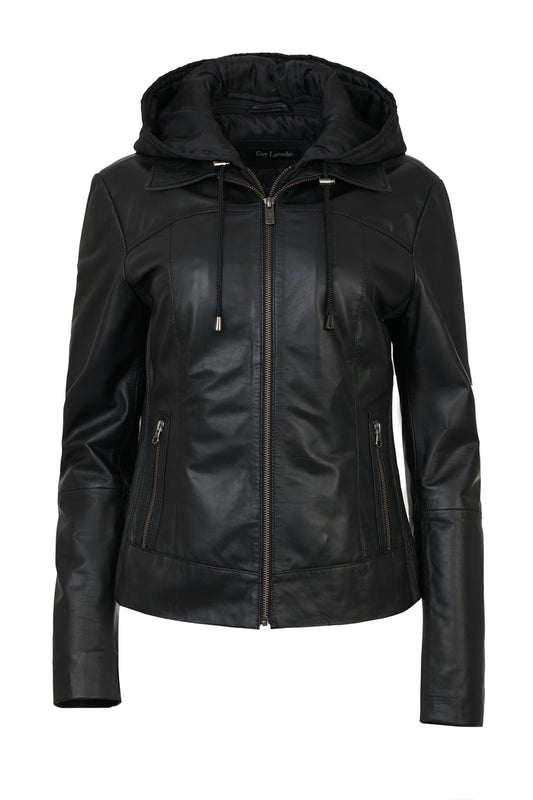 Guy Laroche-619-women’s black leather bomber jacket, slim fit, removable waterproof hood, shirt collar, quilted side panels, front view